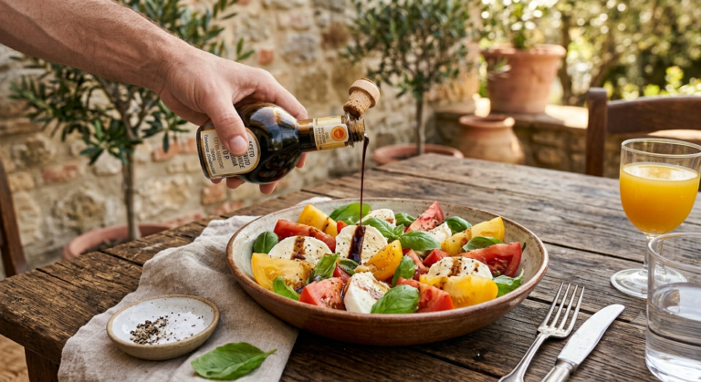 Bottle of balsamic vinegar served with a fresh salad and healthy Mediterranean ingredients.