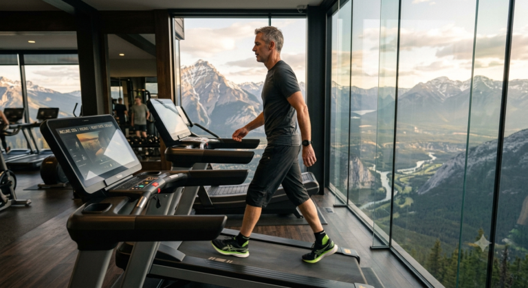 Person walking on an inclined treadmill for a low-impact cardio workout.