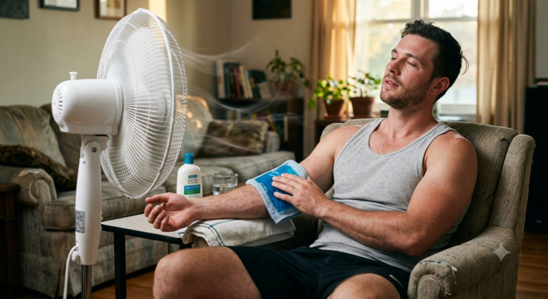 Person treating a mild heat rash with a cool compress in a comfortable indoor setting.