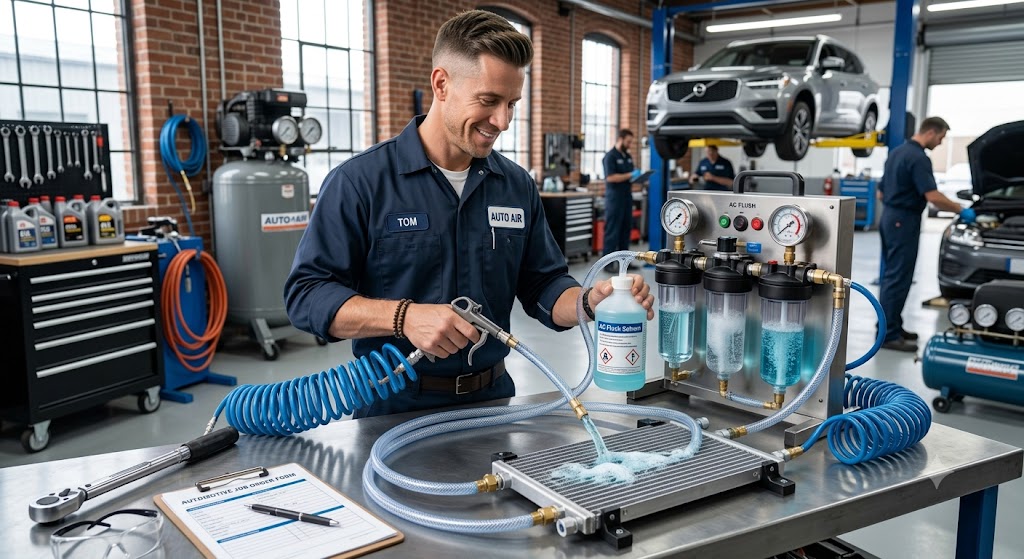 Technician using AC system flush solvent to clean an automotive air conditioning system.