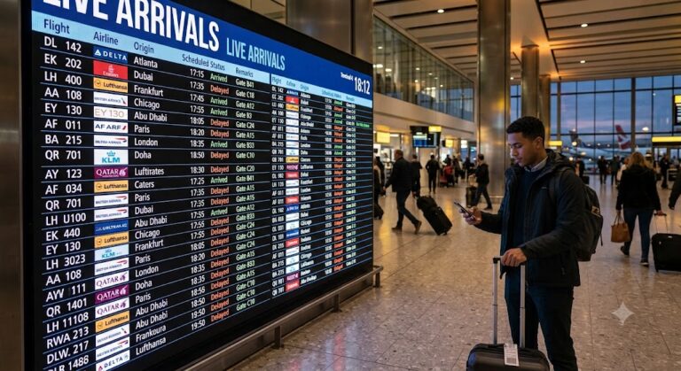 Aerobahn flight arrival monitor displaying live airport arrival information.