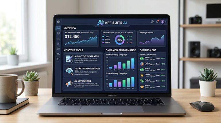Aff Suite AI dashboard showing AI-powered affiliate marketing and content creation tools.
