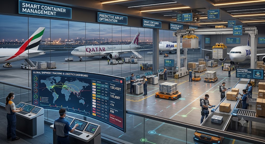 Air cargo software managing freight shipments, warehouse operations, and real-time logistics tracking.