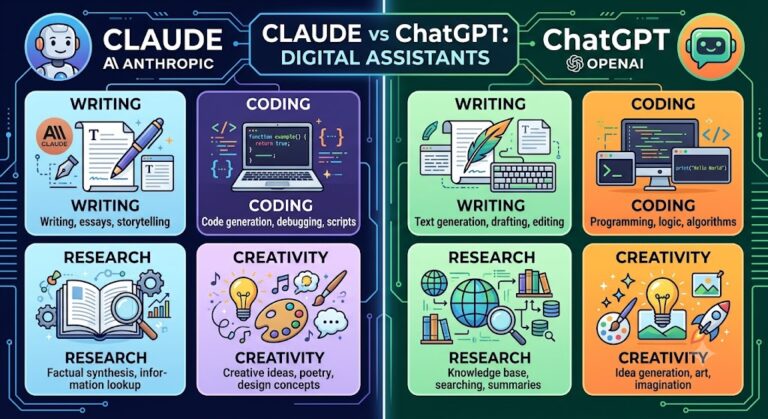 Claude vs OpenAI comparison showing AI capabilities for writing, coding, and productivity.