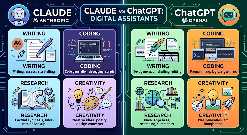 Claude vs OpenAI comparison showing AI capabilities for writing, coding, and productivity.