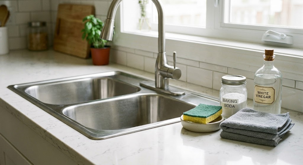 Clean stainless steel kitchen sink with natural cleaning supplies.