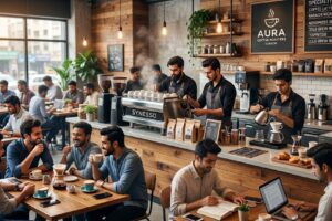Successful coffee shop with customers, skilled baristas, and a welcoming café atmosphere.