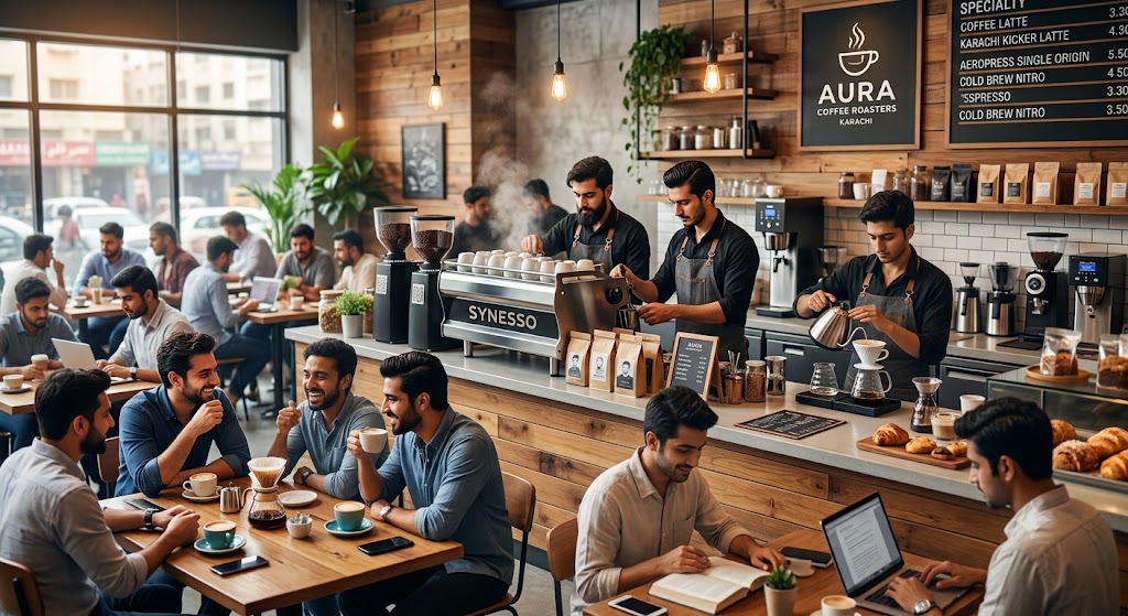 Successful coffee shop with customers, skilled baristas, and a welcoming café atmosphere.
