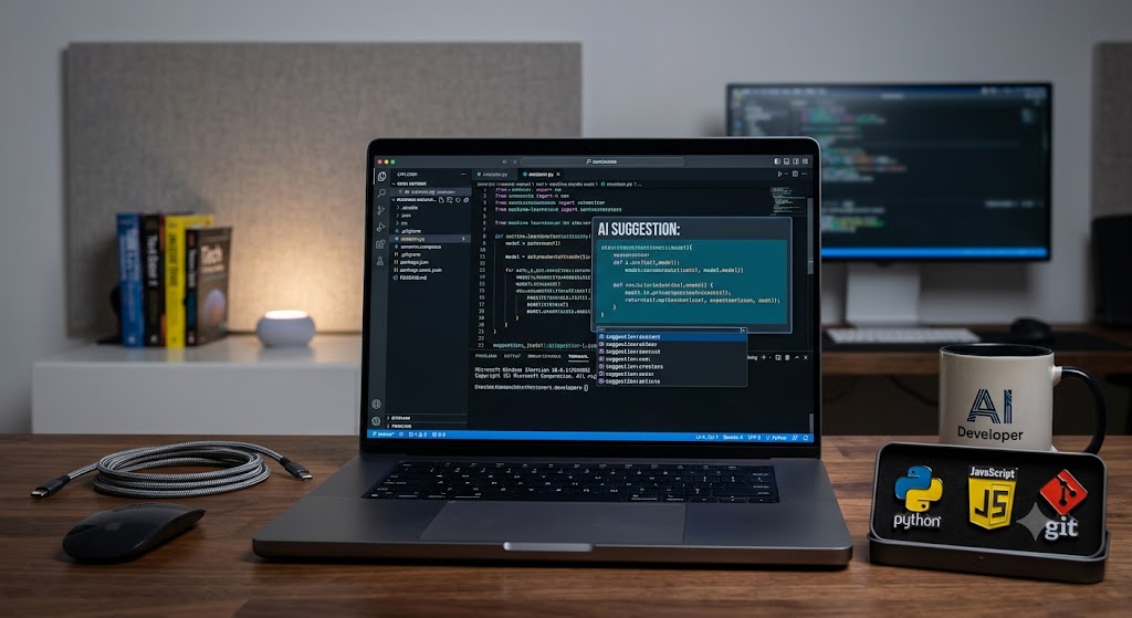 Developer using an AI coding assistant to write and debug software.