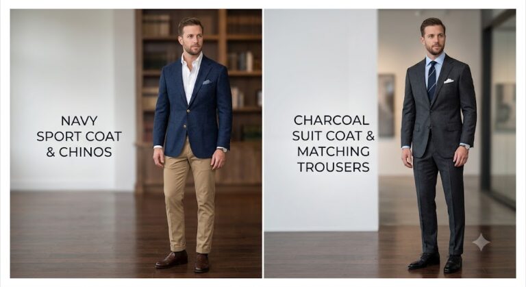 Difference between a sport coat and a suit coat displayed side by side.