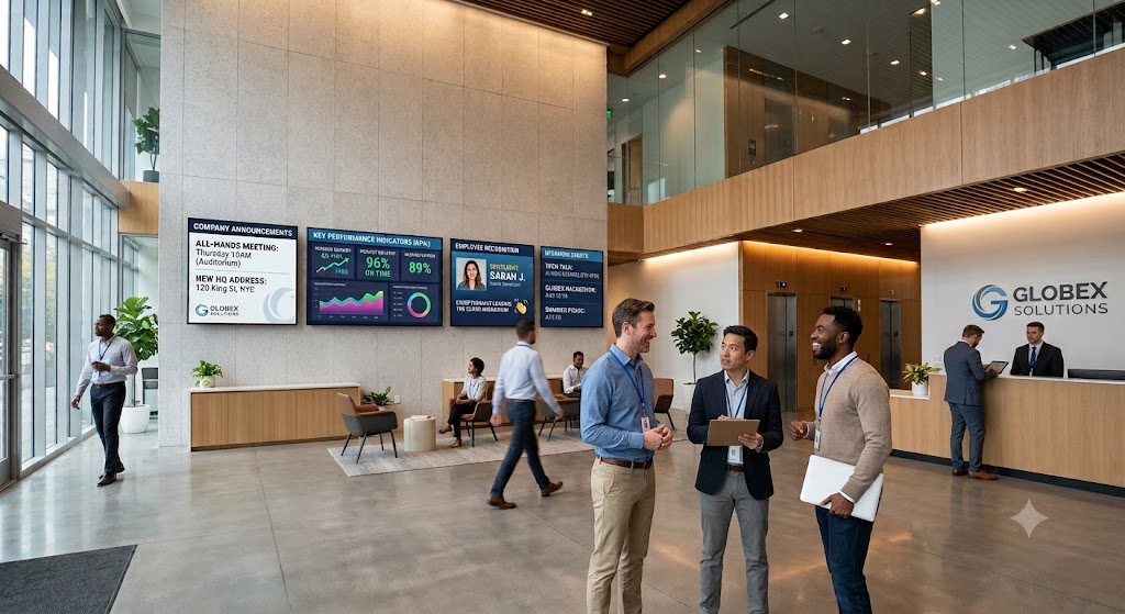 Digital signage for employee communications displaying workplace updates and employee recognition in a modern office.