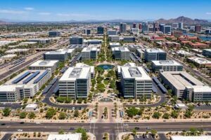 Discovery Business Campus in Tempe, Arizona with modern office buildings and business amenities.