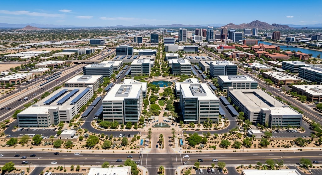 Discovery Business Campus in Tempe, Arizona with modern office buildings and business amenities.