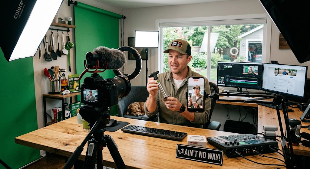 Dustin Hadley filming social media content in a home studio.