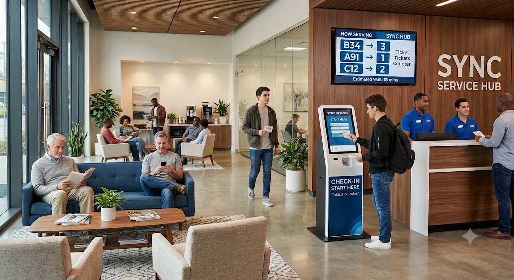 Alt Text: Electronic queue management system with digital display and self-service ticket kiosk in a customer service center.