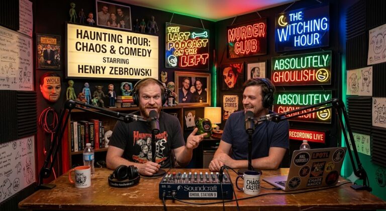 Henry Zebrowski recording a podcast in a professional studio, highlighting his career and estimated net worth.