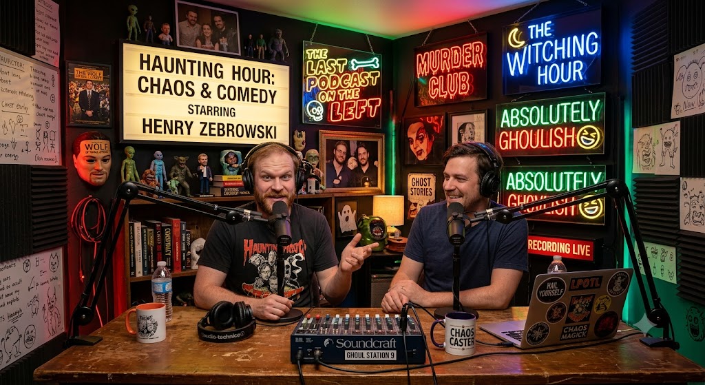 Henry Zebrowski recording a podcast in a professional studio, highlighting his career and estimated net worth.