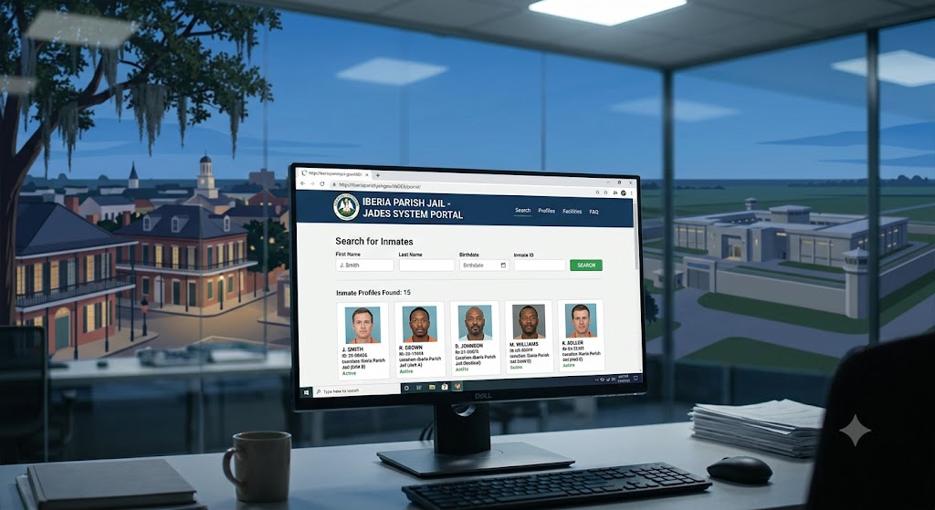 Online inmate lookup portal representing the Iberia Parish Jail JADES system