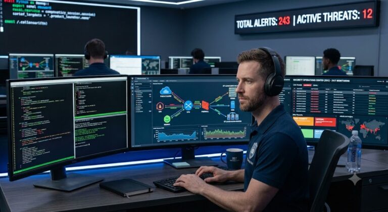 Cybersecurity professional analyzing network security and preventing cyber threats.