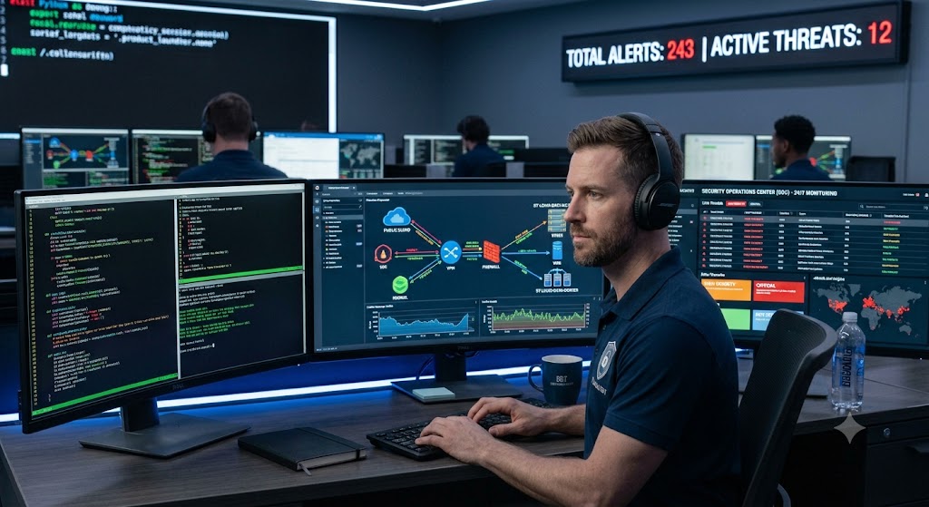 Cybersecurity professional analyzing network security and preventing cyber threats.