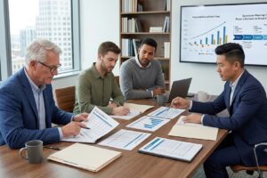 Family business owners discussing liquidity planning and succession strategy with a financial advisor.