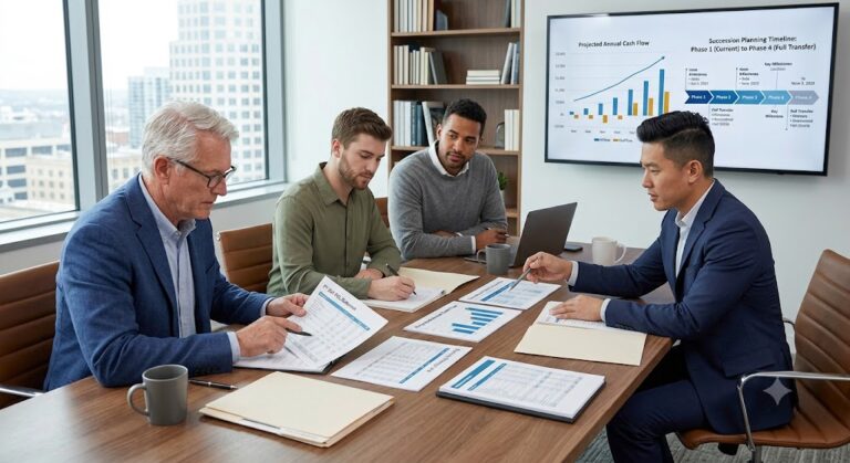 Family business owners discussing liquidity planning and succession strategy with a financial advisor.