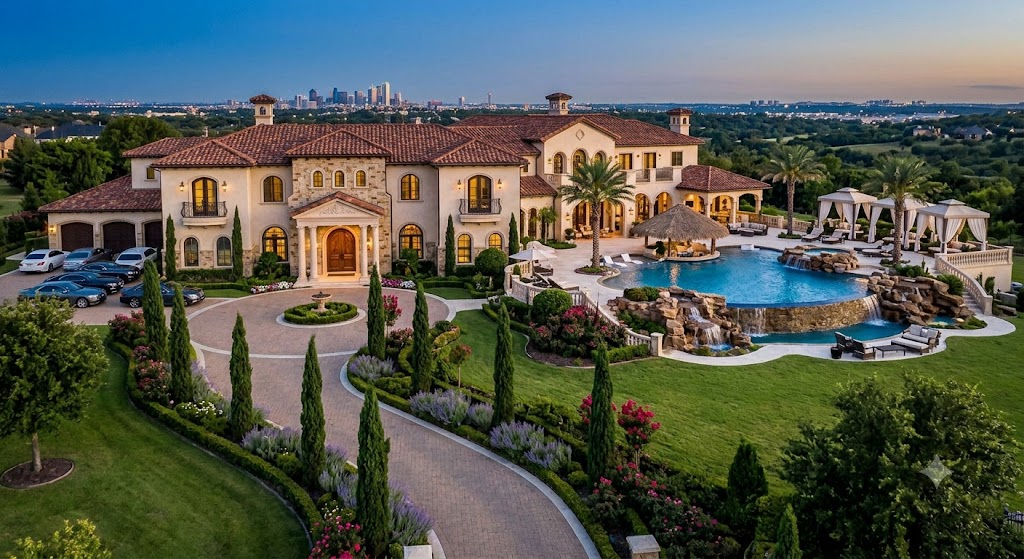 Exterior view of Mark Cuban's luxury house in Dallas with landscaped grounds and elegant architecture.