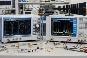 Network analyzer vs spectrum analyzer comparison showing RF measurement equipment and display screens.