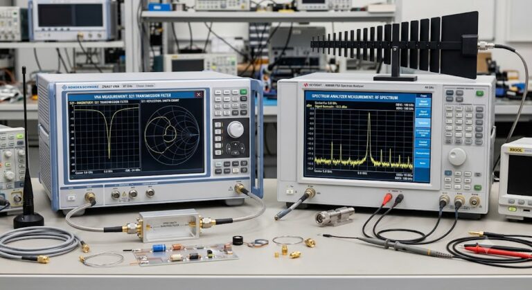 Network analyzer vs spectrum analyzer comparison showing RF measurement equipment and display screens.
