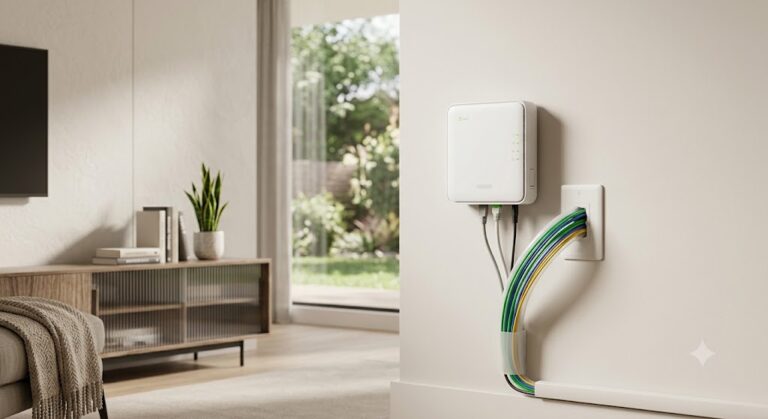 Optical network terminal box installed with fiber optic cables for high-speed internet.