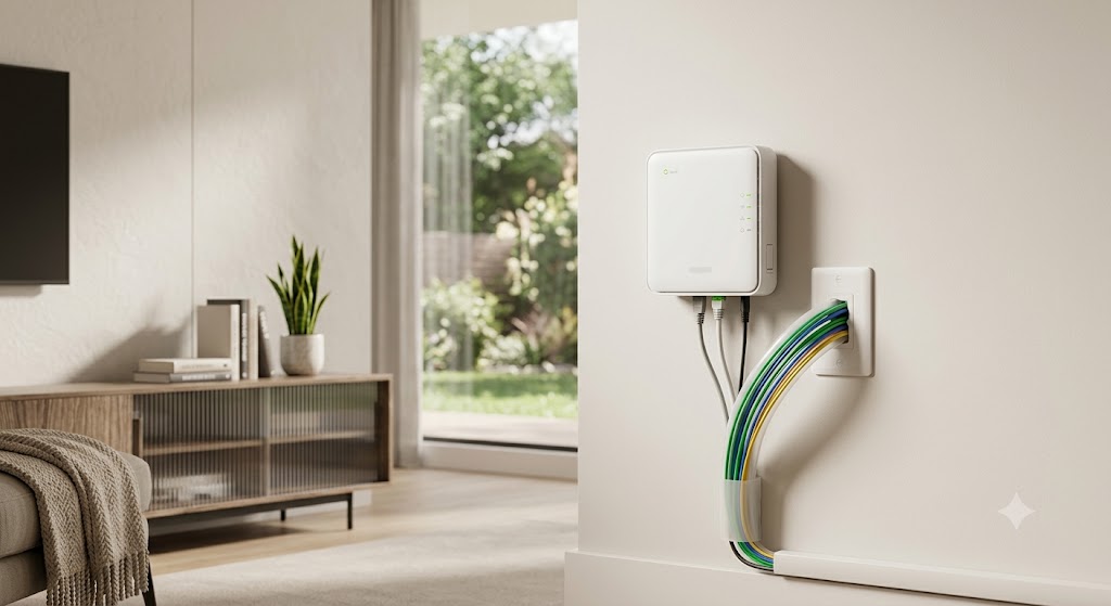 Optical network terminal box installed with fiber optic cables for high-speed internet.