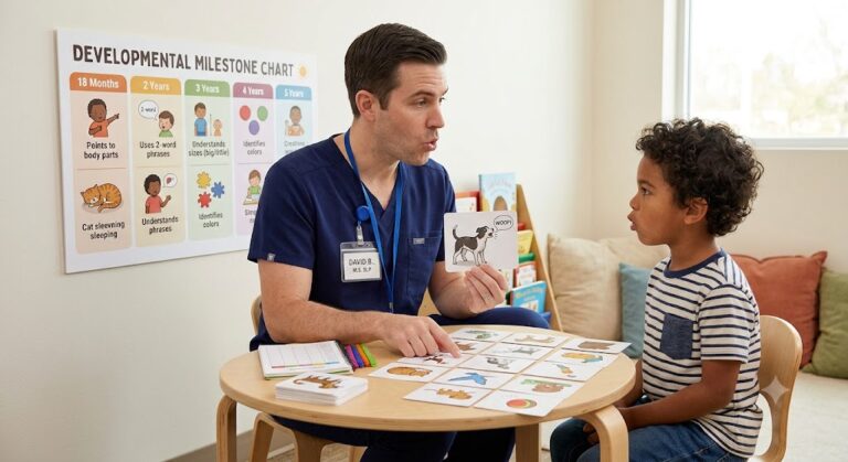 Speech-language therapist helping a child practice speech sounds and phonological development.