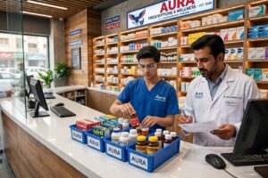 Pharmacy technician preparing prescriptions and assisting customers in a pharmacy.