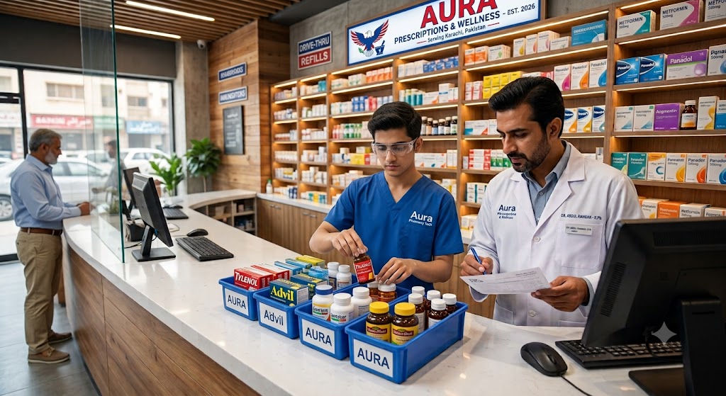 Pharmacy technician preparing prescriptions and assisting customers in a pharmacy.