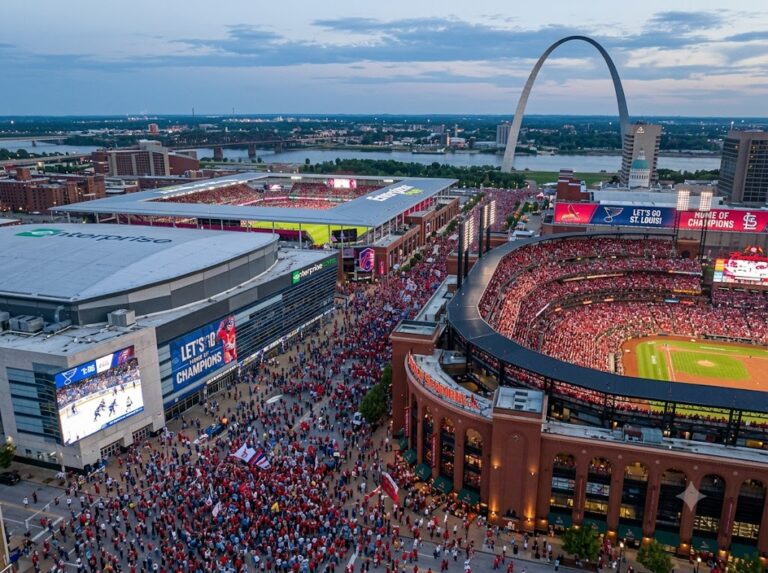 Major St. Louis professional sports teams playing at their home stadiums and arenas.
