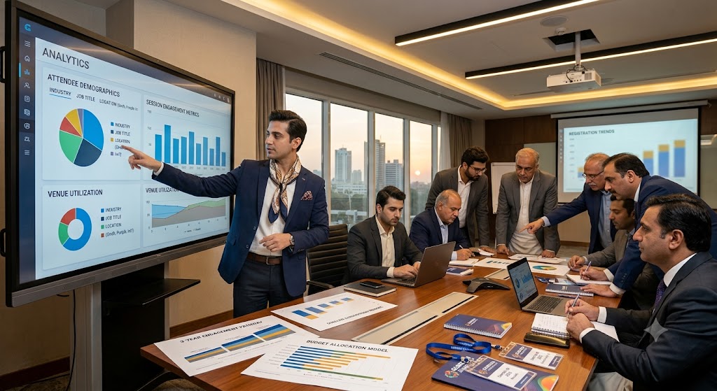 Event professional discussing strategic meetings management certification concepts during a corporate planning meeting.
