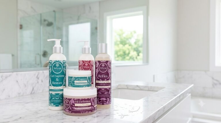 TreLuxe hair products displayed beside healthy, well-defined natural curly hair.