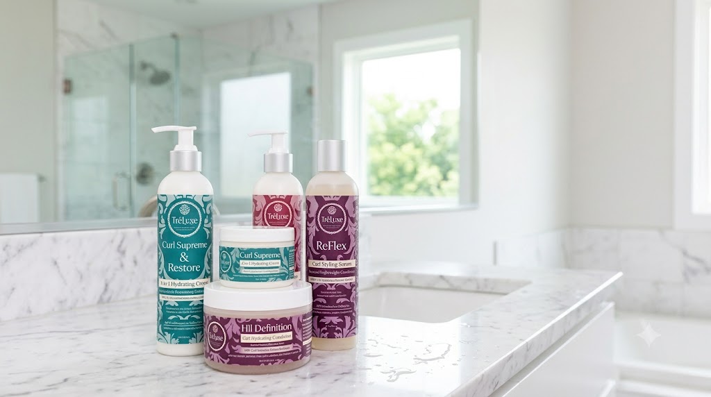 TreLuxe hair products displayed beside healthy, well-defined natural curly hair.