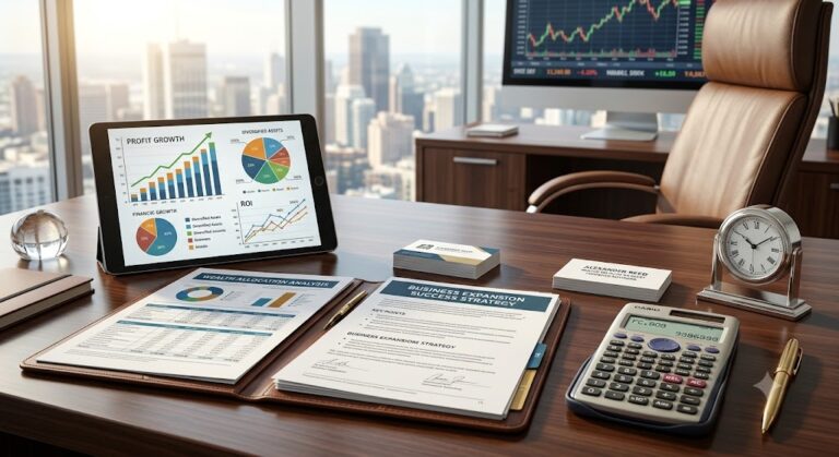 Financial documents and calculator representing an analysis of family net worth and business assets.